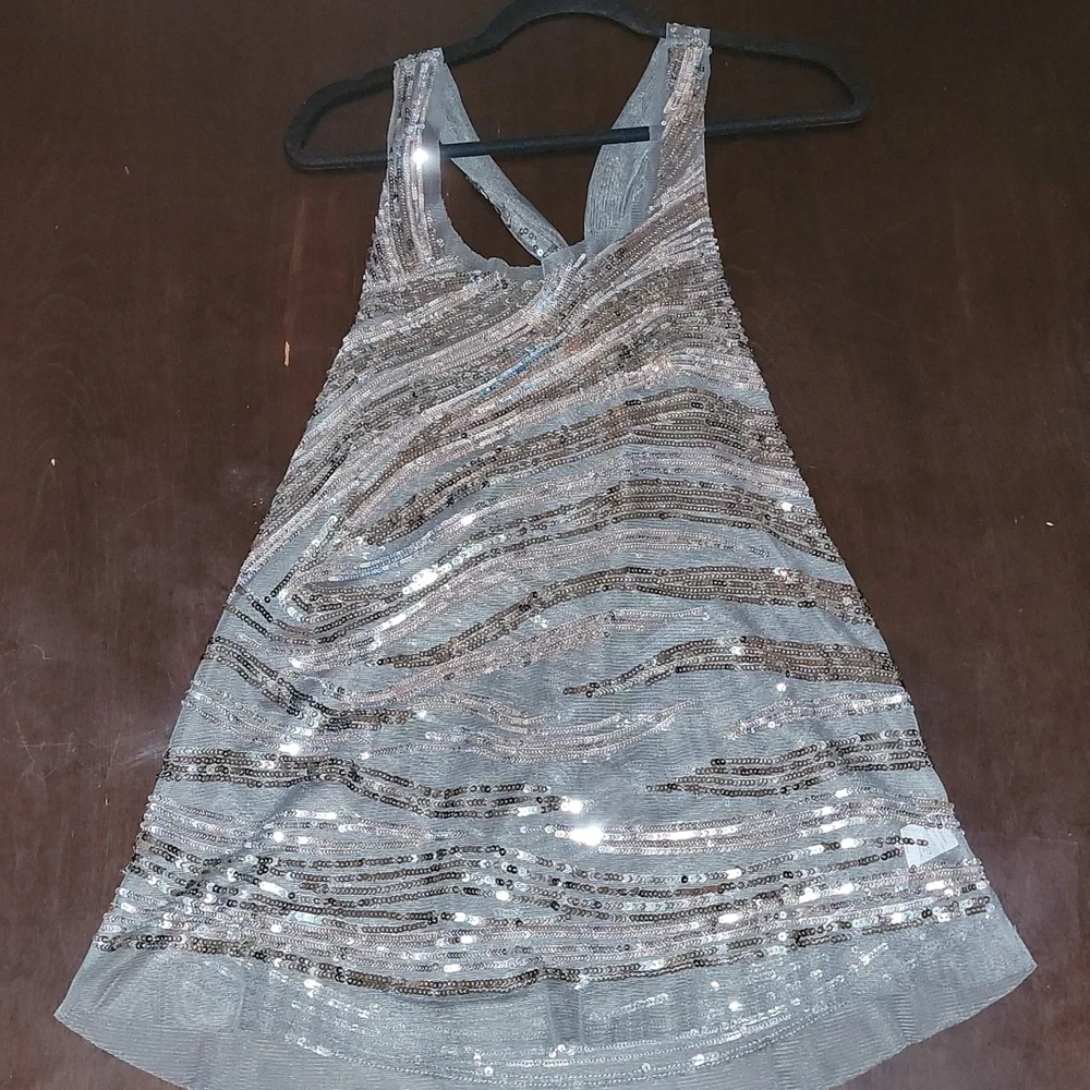 Oversized Sheer Sequin Hi Lo Racerback Flowy Evening Cocktail Tunic Top Size Lrg - Picture 3 of 12